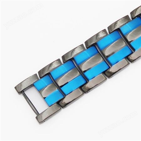 双排磁铁石能量粉不锈钢手链来样接单蓝黑色真空电镀钛钢首饰厂
