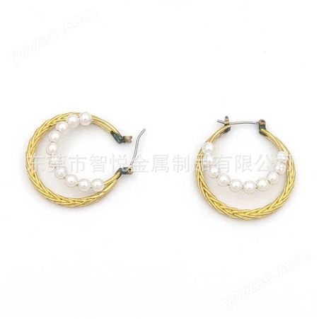 黄铜麻花耳环半成品配件混搭塑料珍珠时尚流行款来图订购铜首饰厂