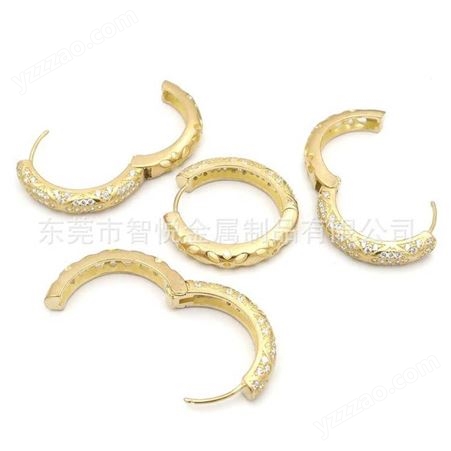 黄铜对开镂空加满钻耳圈代客抛光电镀批量来图订购铜耳环半成品